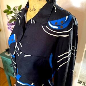 Vintage 80s Women’s SANTA CRUZ Collar Blouse Button Down BLACK ROYAL BLUE Size L